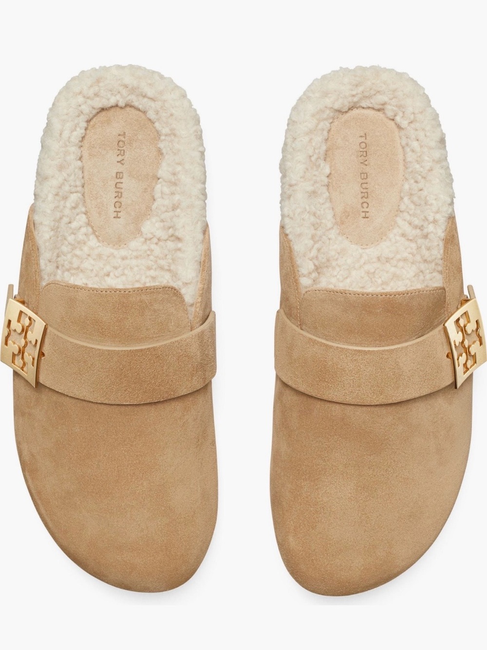 Tory Burch Mellow Shearling Mules with Gold Logo Buckle (color - Noisette)